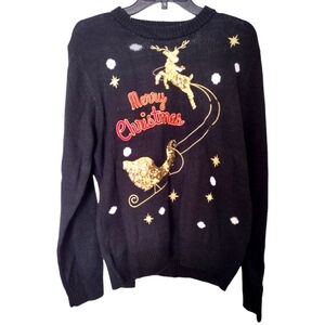 Lubot retro style black & red Christmas sweater w/ gold sequin scene size Large